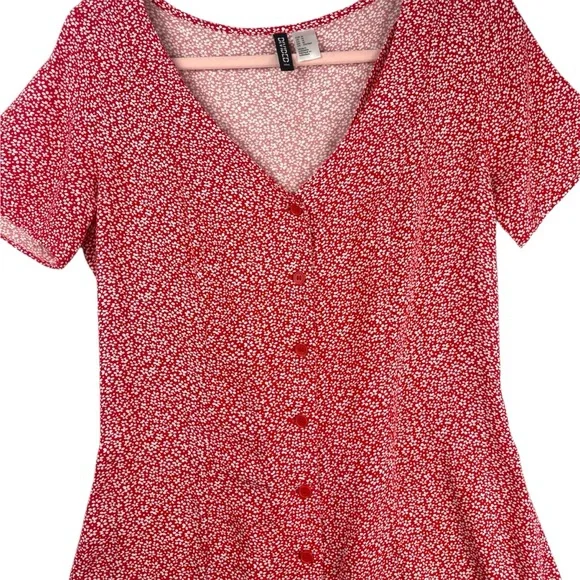 Divided By H&M Floral Red Button-Down Mini Dress Short Sleeves Tie Back - Medium - Picture 3 of 8
